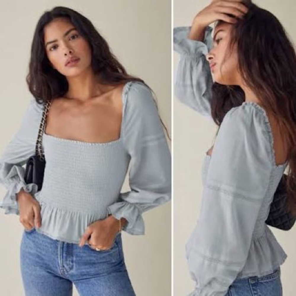 New Reformation Roland Light Blue Square Neck Fitted Ruffle Top Sz L MSRP:$168